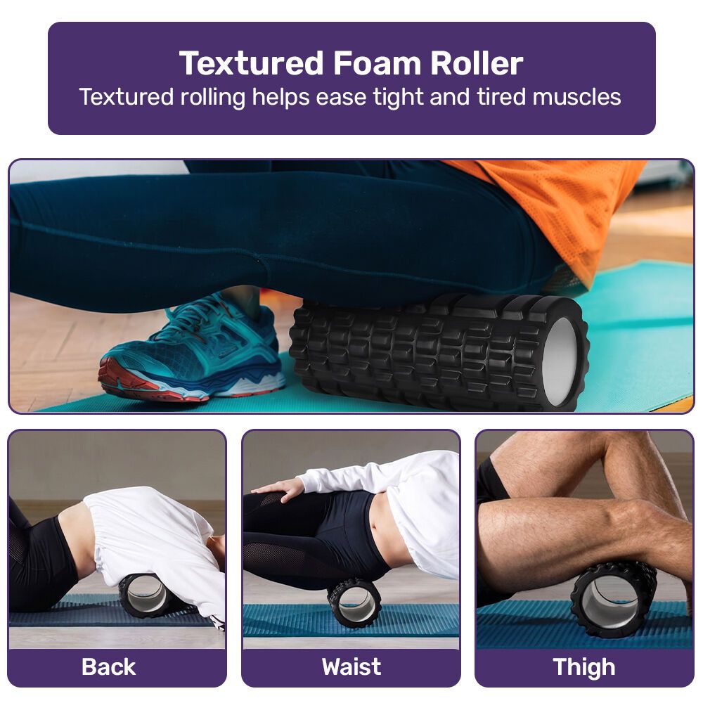 PROFLEX 6-Piece Foam Roller & Massage Set with Massage Stick, Black