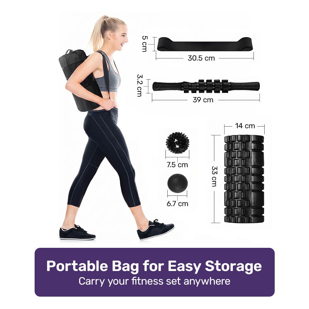 PROFLEX 6-Piece Foam Roller & Massage Set with Massage Stick, Black