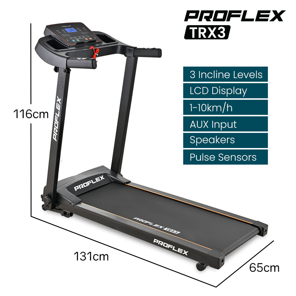 Treadmills: PROFLEX TRX3 Electric Treadmill, Compact Size, Foldable, USB/MP3, Pulse Sensors
