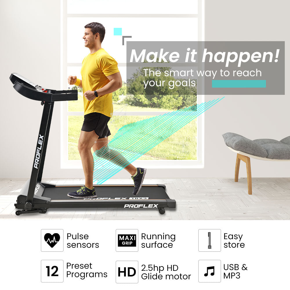 Treadmills: PROFLEX TRX3 Electric Treadmill, Compact Size, Foldable, USB/MP3, Pulse Sensors