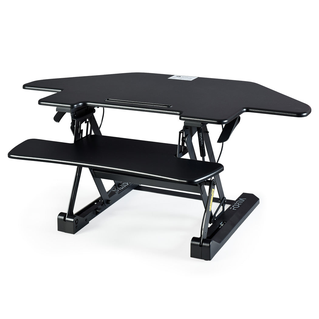 Desks: Fortia Corner Desk Riser 110cm Wide Adjustable Sit to Stand for Dual Monitor, Keyboard, Laptop, Black