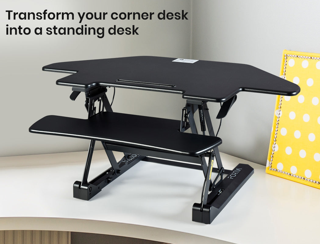 Desks: Fortia Corner Desk Riser 110cm Wide Adjustable Sit to Stand for Dual Monitor, Keyboard, Laptop, Black
