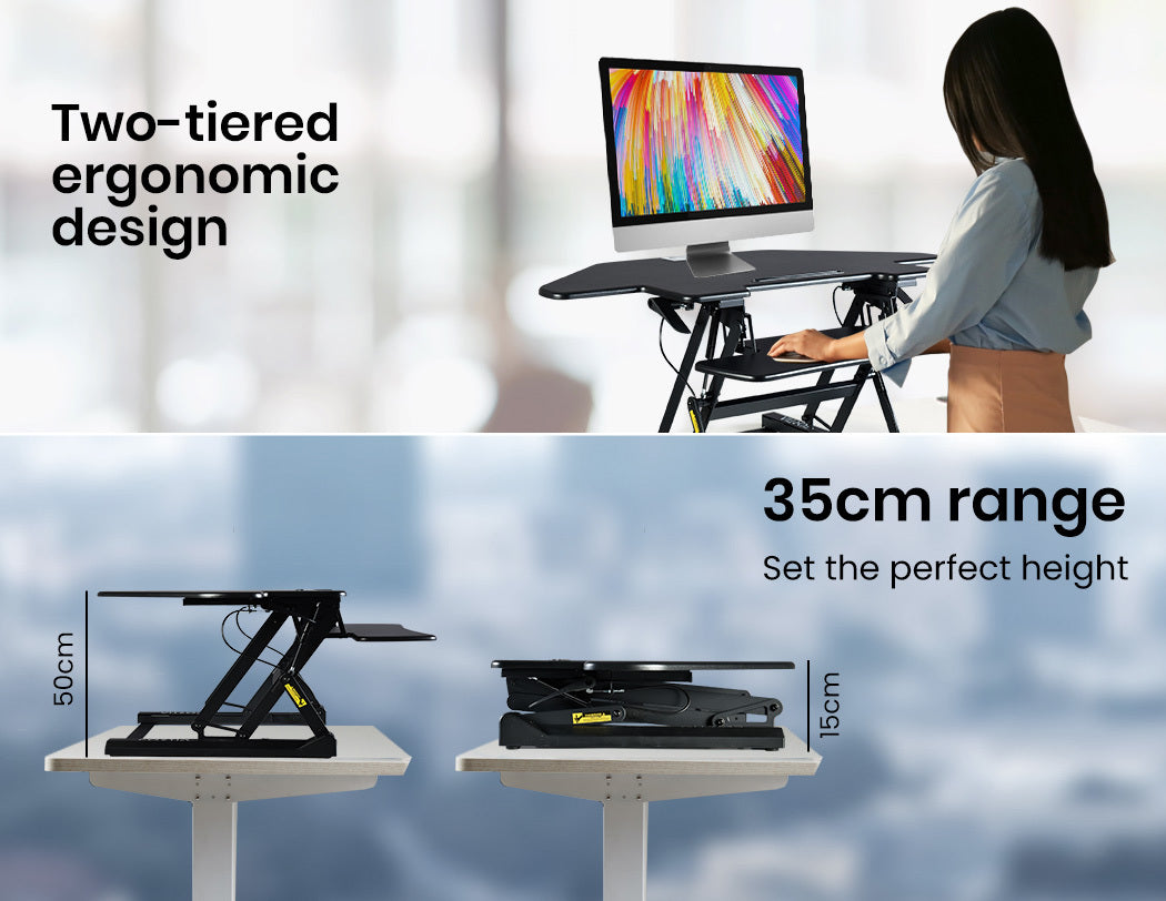 Desks: Fortia Corner Desk Riser 110cm Wide Adjustable Sit to Stand for Dual Monitor, Keyboard, Laptop, Black