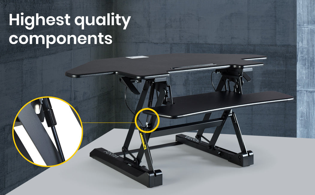 Desks: Fortia Corner Desk Riser 110cm Wide Adjustable Sit to Stand for Dual Monitor, Keyboard, Laptop, Black
