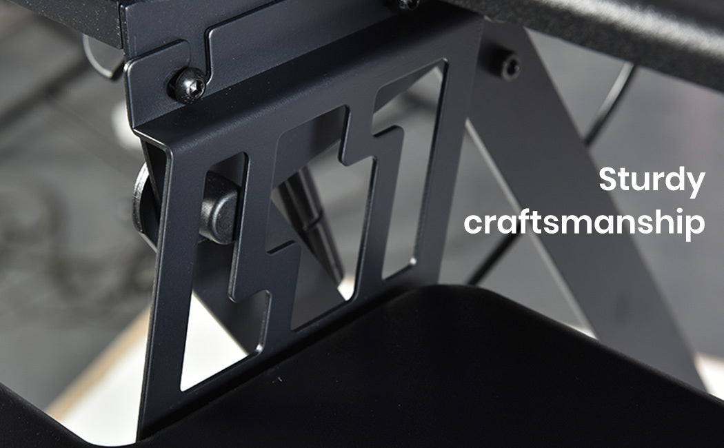 Desks: Fortia Corner Desk Riser 110cm Wide Adjustable Sit to Stand for Dual Monitor, Keyboard, Laptop, Black