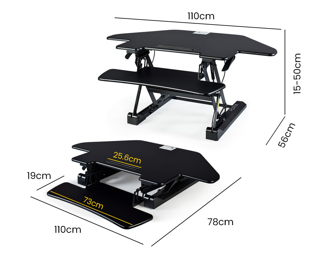 Desks: Fortia Corner Desk Riser 110cm Wide Adjustable Sit to Stand for Dual Monitor, Keyboard, Laptop, Black