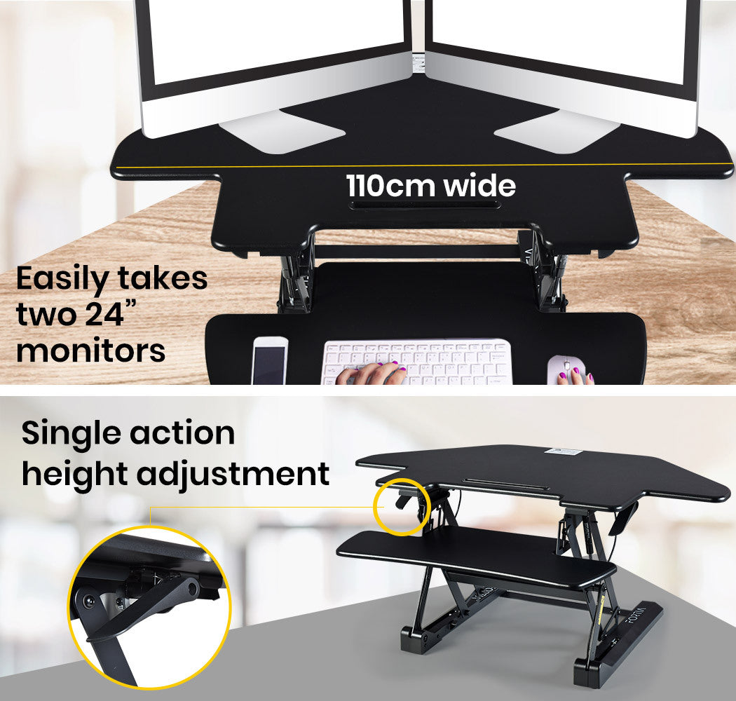 Desks: Fortia Corner Desk Riser 110cm Wide Adjustable Sit to Stand for Dual Monitor, Keyboard, Laptop, Black