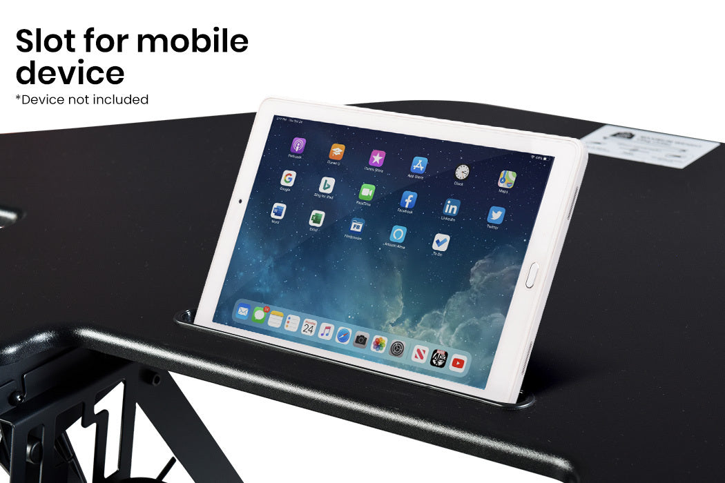 Desks: Fortia Corner Desk Riser 110cm Wide Adjustable Sit to Stand for Dual Monitor, Keyboard, Laptop, Black