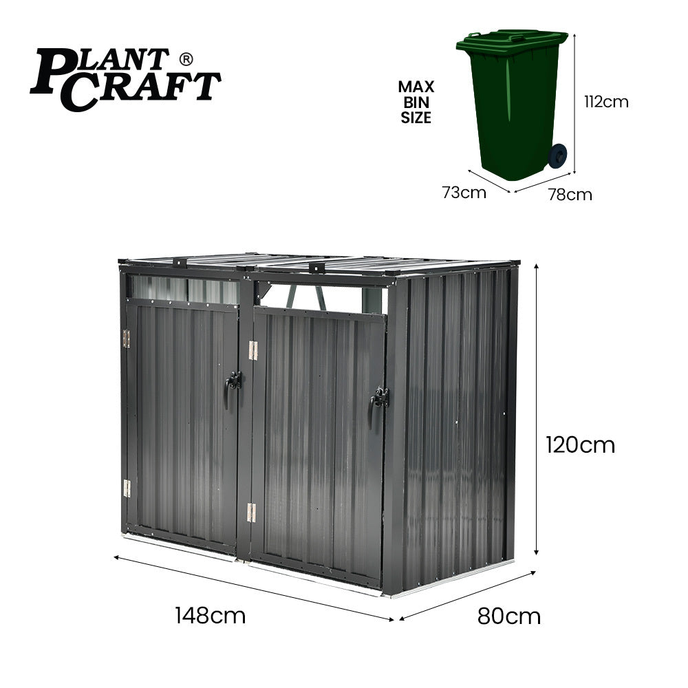 Sheds: PLANTCRAFT Double Steel Wheelie Garbage Bin Storage Shed, Enclosure with 2 Opening Doors