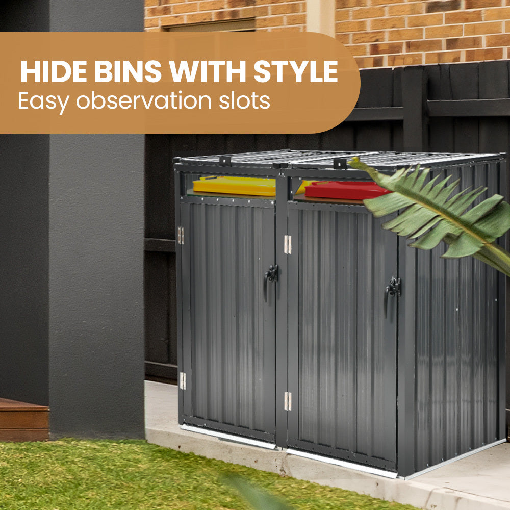 Sheds: PLANTCRAFT Double Steel Wheelie Garbage Bin Storage Shed, Enclosure with 2 Opening Doors