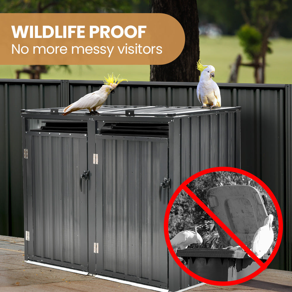 Sheds: PLANTCRAFT Double Steel Wheelie Garbage Bin Storage Shed, Enclosure with 2 Opening Doors