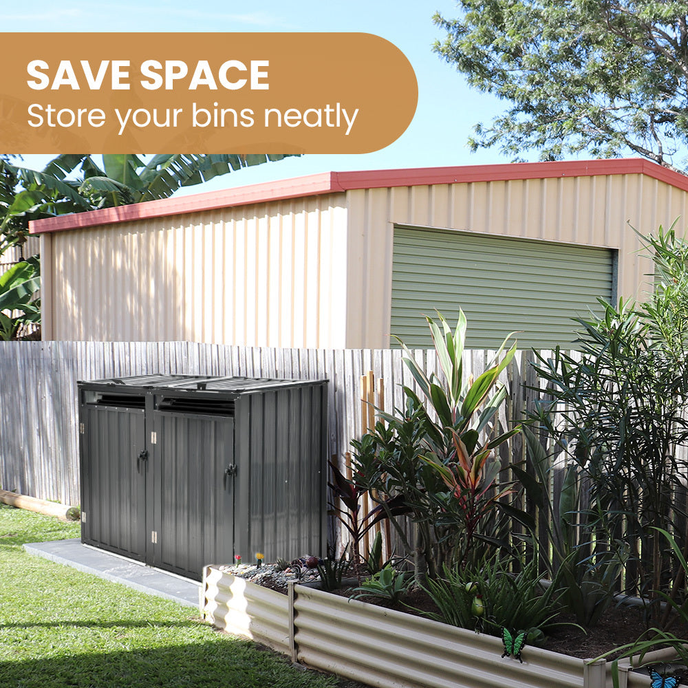 Sheds: PLANTCRAFT Double Steel Wheelie Garbage Bin Storage Shed, Enclosure with 2 Opening Doors