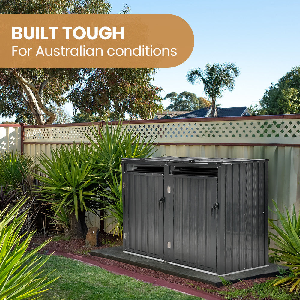 Sheds: PLANTCRAFT Double Steel Wheelie Garbage Bin Storage Shed, Enclosure with 2 Opening Doors