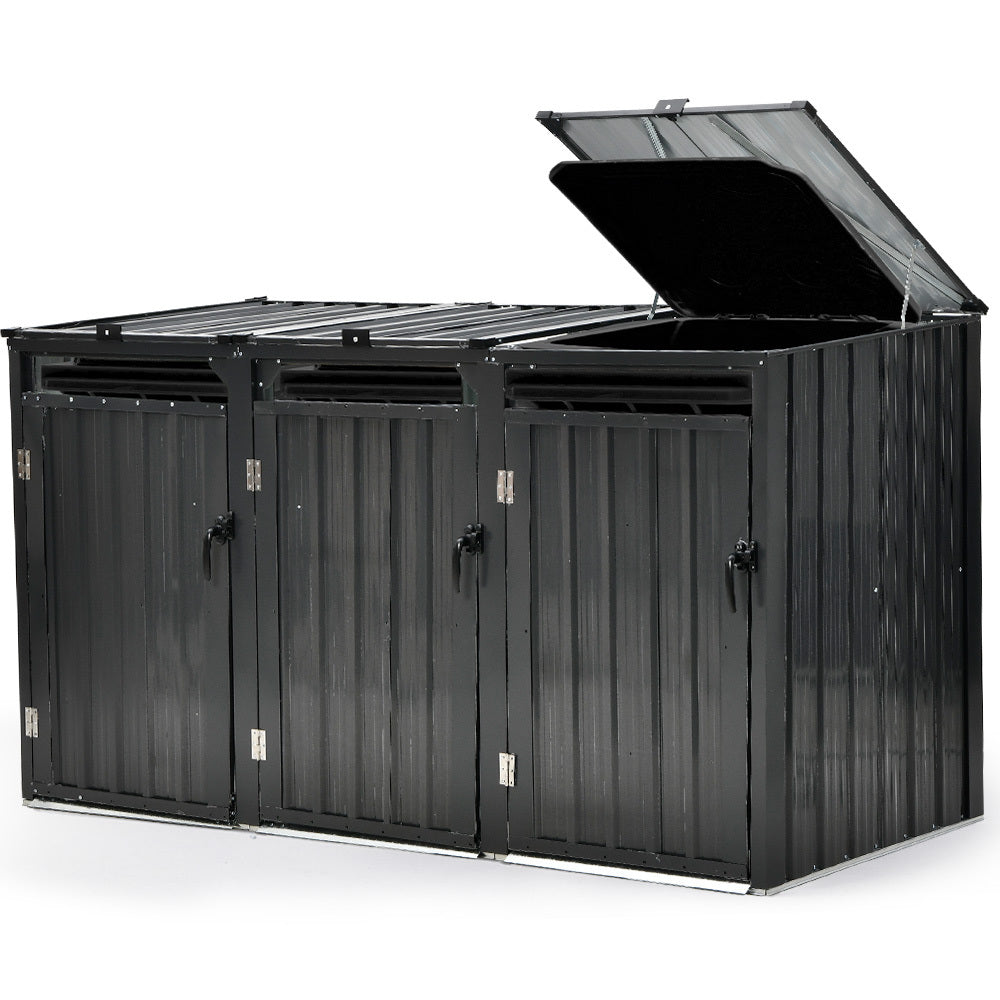 Sheds: PLANTCRAFT Triple Steel Wheelie Garbage Bin Storage Shed, Enclosure with 3 Opening Doors