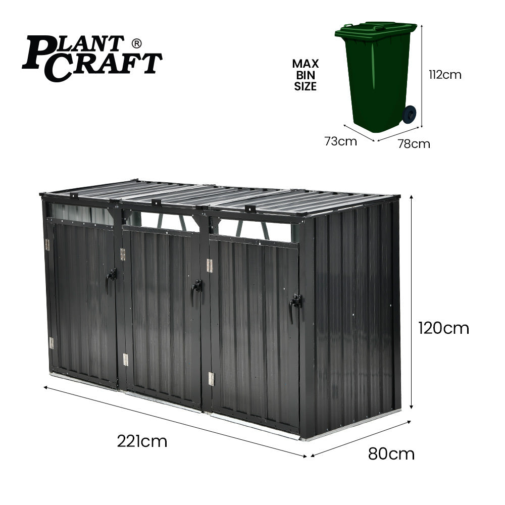Sheds: PLANTCRAFT Triple Steel Wheelie Garbage Bin Storage Shed, Enclosure with 3 Opening Doors