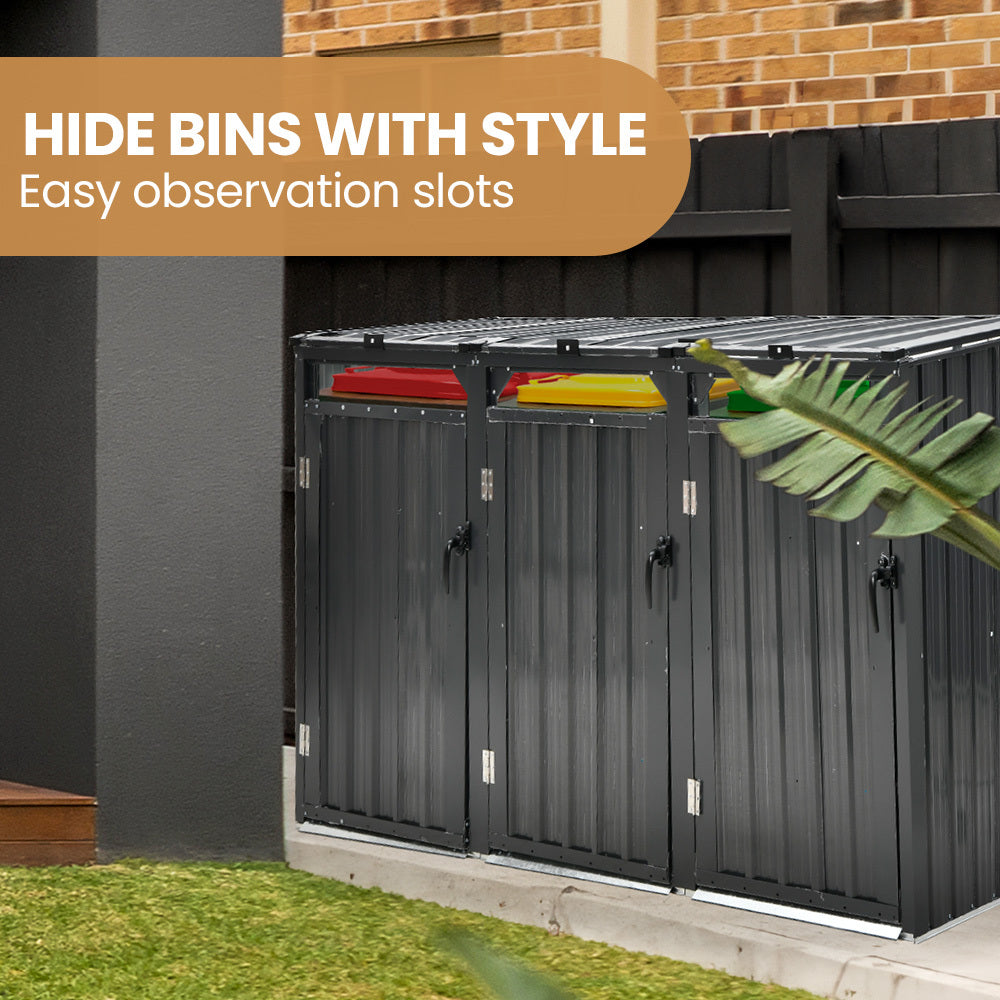 Sheds: PLANTCRAFT Triple Steel Wheelie Garbage Bin Storage Shed, Enclosure with 3 Opening Doors