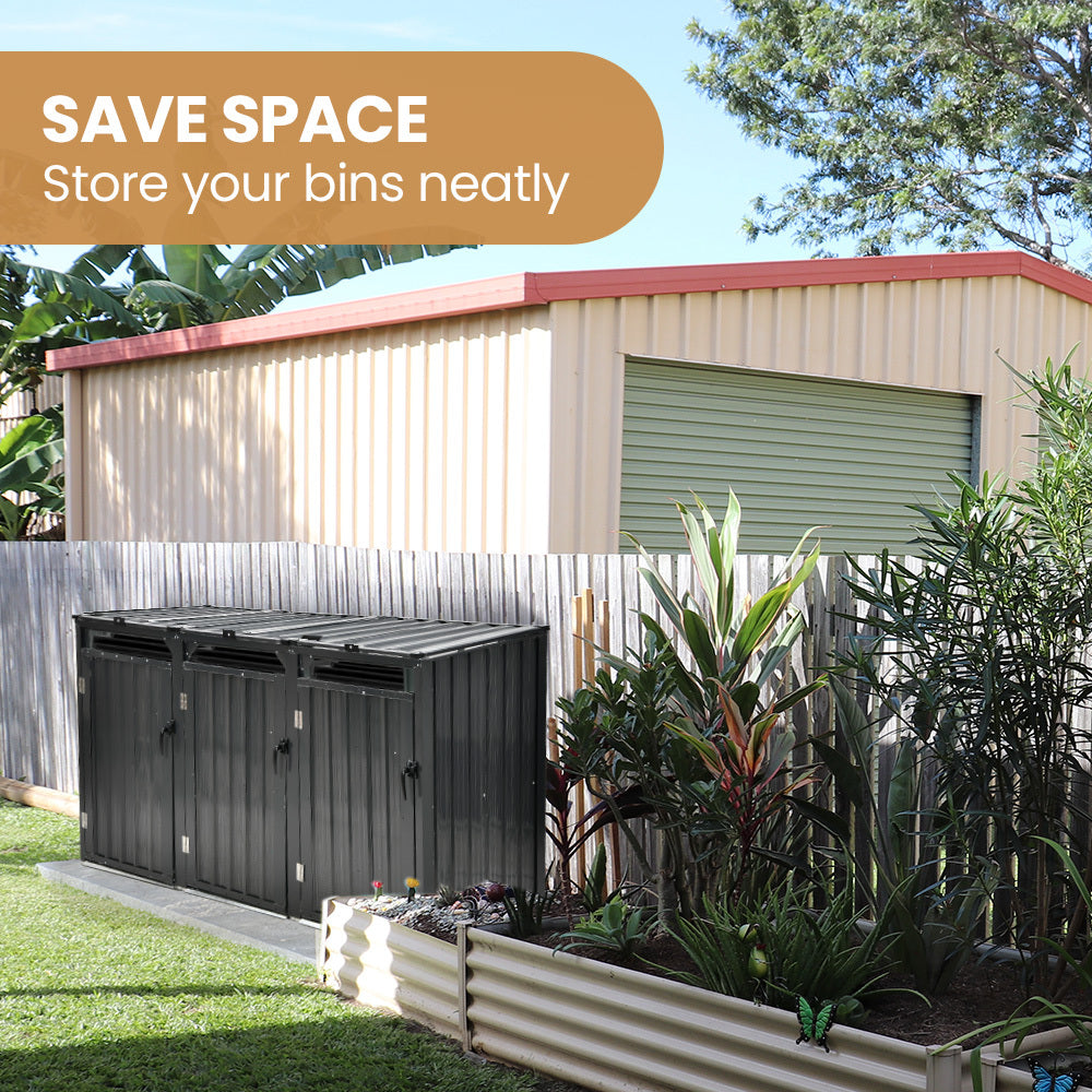 Sheds: PLANTCRAFT Triple Steel Wheelie Garbage Bin Storage Shed, Enclosure with 3 Opening Doors