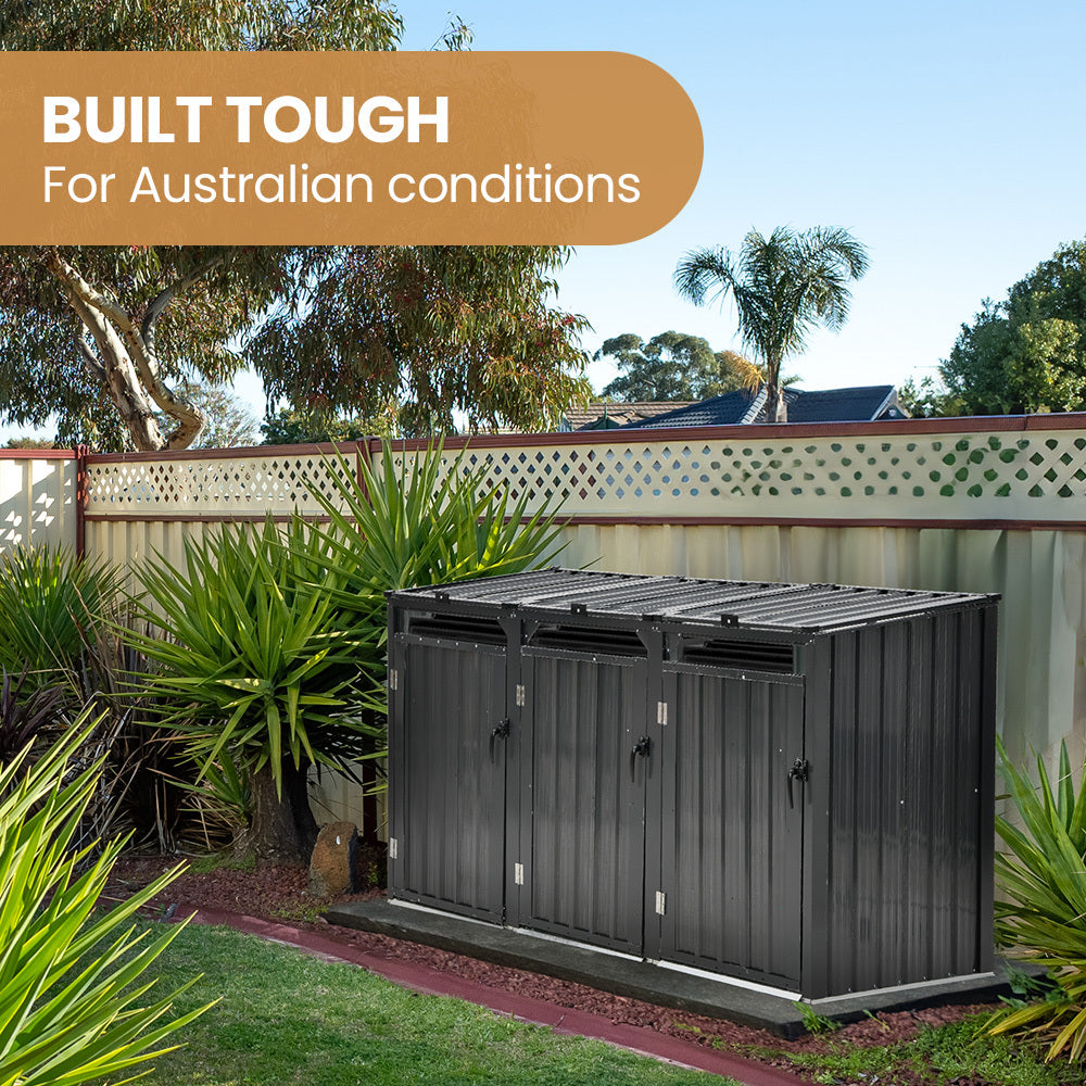 Sheds: PLANTCRAFT Triple Steel Wheelie Garbage Bin Storage Shed, Enclosure with 3 Opening Doors
