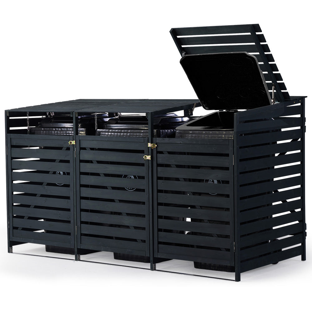Sheds: PlantCraft Triple Wood Wheelie Bins Storage Shed, 3 Door Garbage Rubbish Bin Enclosure