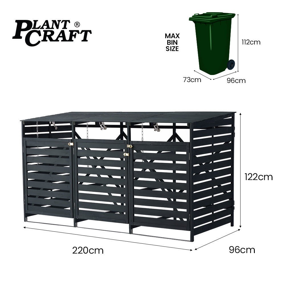 Sheds: PlantCraft Triple Wood Wheelie Bins Storage Shed, 3 Door Garbage Rubbish Bin Enclosure