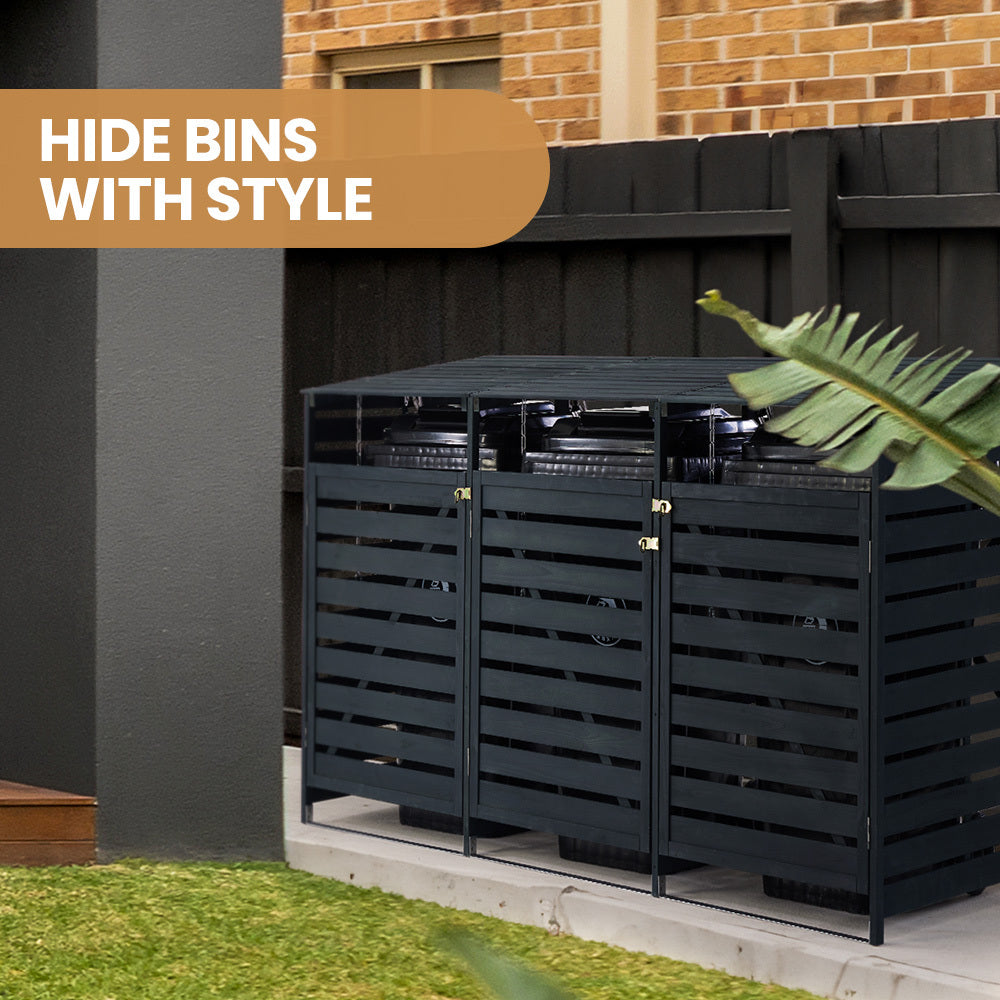 Sheds: PlantCraft Triple Wood Wheelie Bins Storage Shed, 3 Door Garbage Rubbish Bin Enclosure