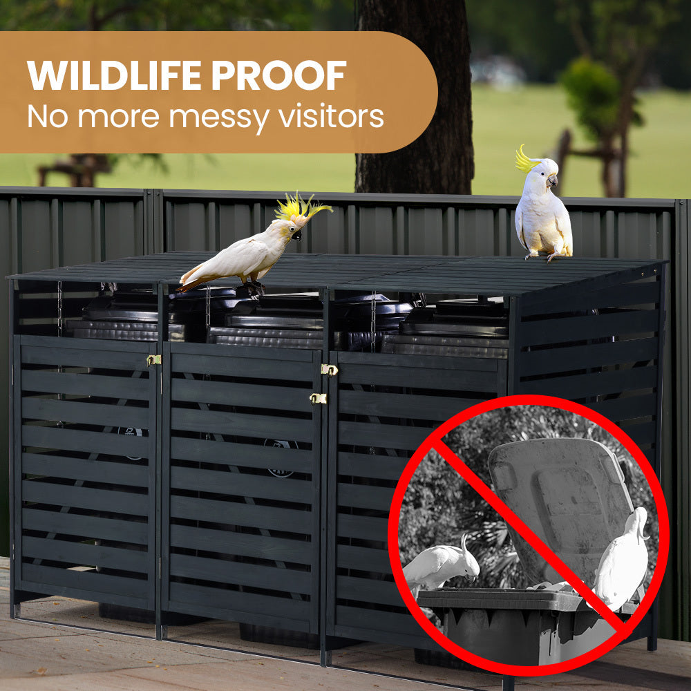 Sheds: PlantCraft Triple Wood Wheelie Bins Storage Shed, 3 Door Garbage Rubbish Bin Enclosure