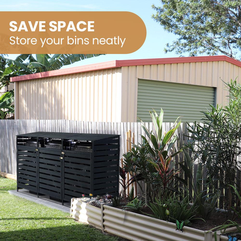 Sheds: PlantCraft Triple Wood Wheelie Bins Storage Shed, 3 Door Garbage Rubbish Bin Enclosure
