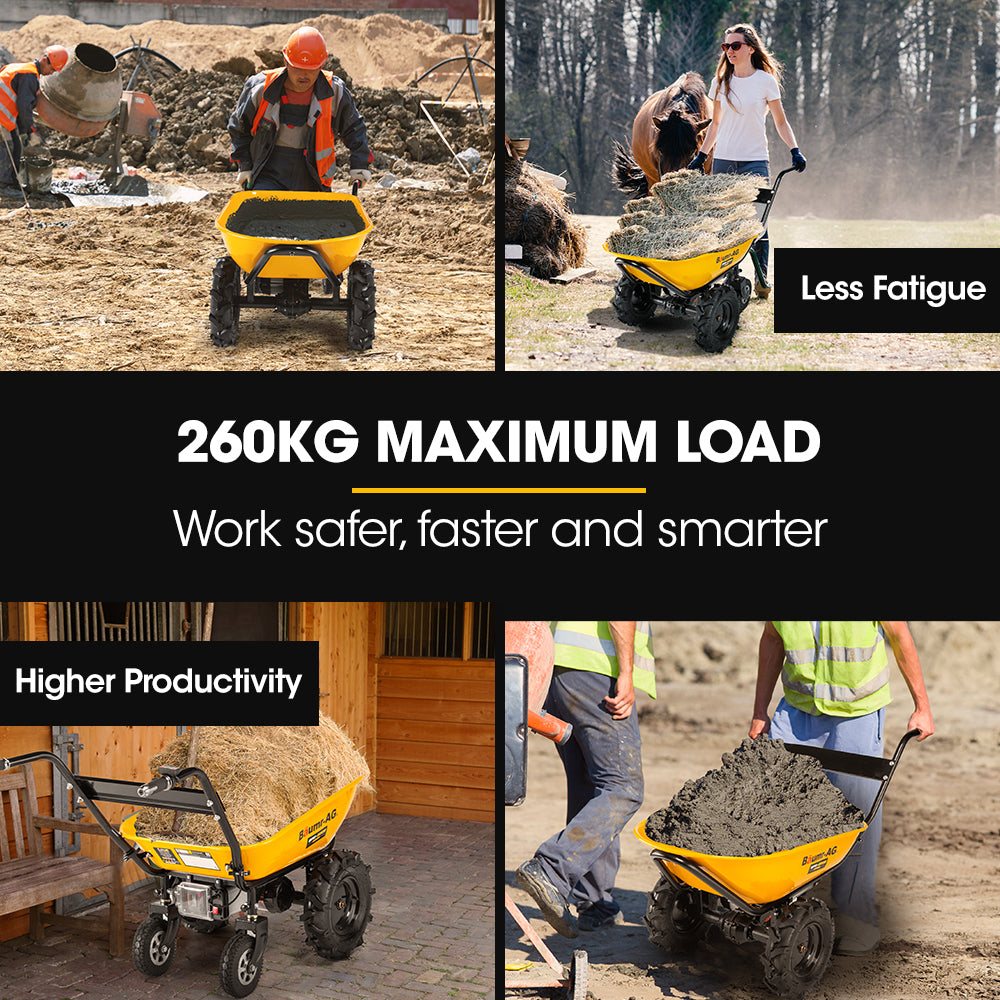 Spreaders & Wheelbarrows: Baumr-AG 40V Battery Powered Wheelbarrow Motorised Electric, 100L Bucket Volume, 4 Wheel, 260kg Capacity