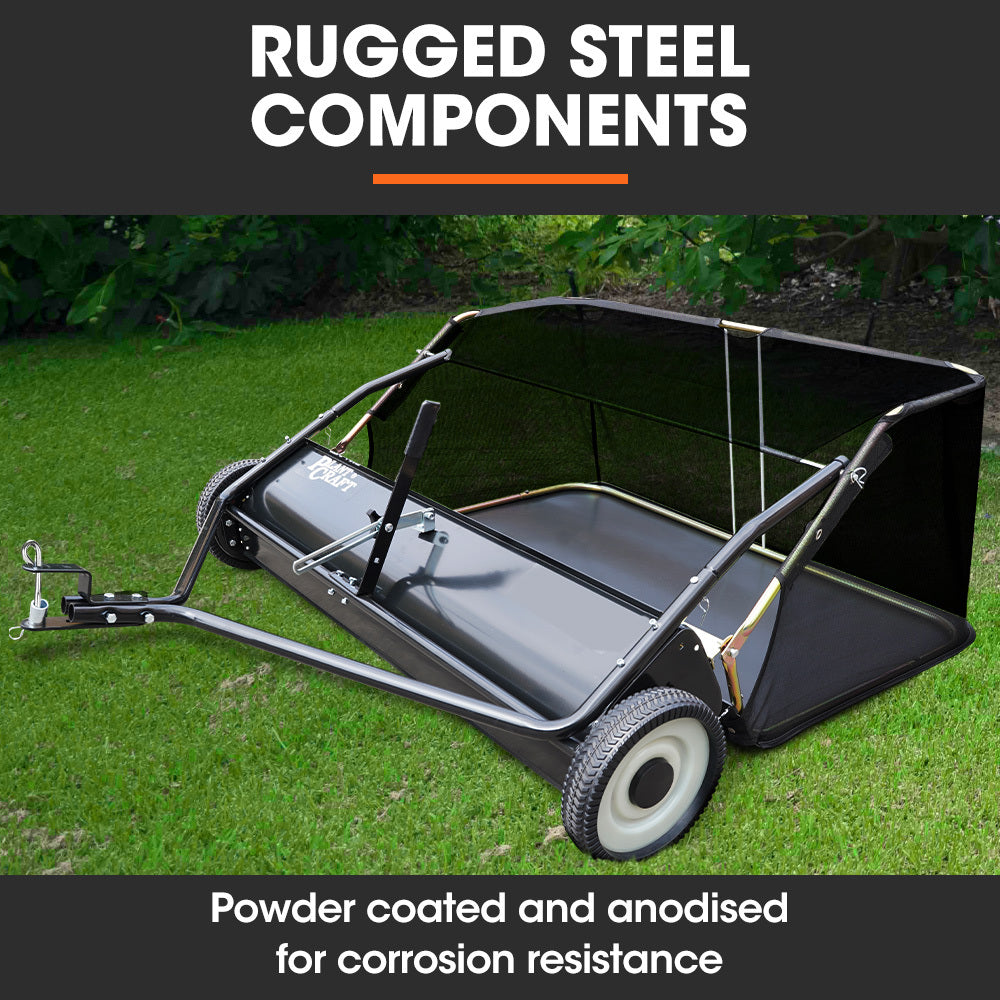 Gardening Tools: PlantCraft Lawn Sweeper 48" Wide, Tow Behind Leaf and Grass Clipping Collector, Universal Hitch for Ride on Mower, Garden Tractor