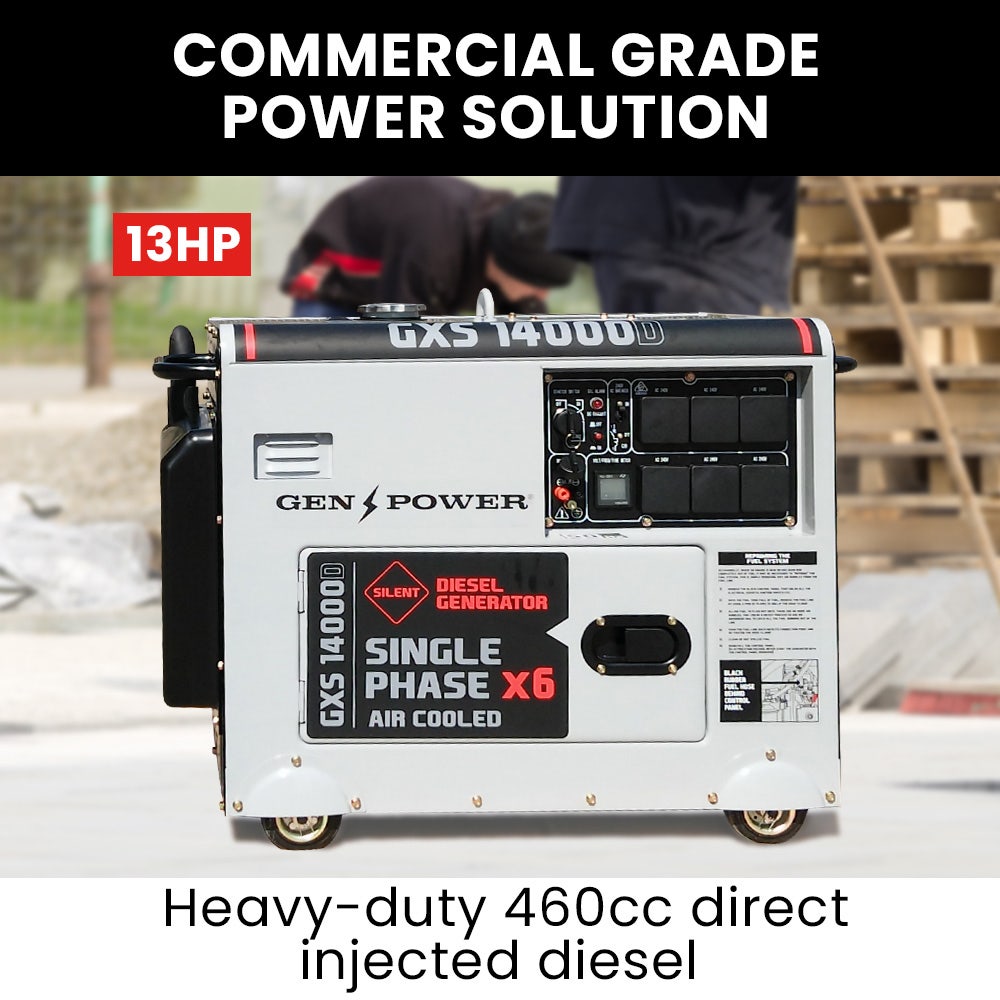 Generators: GENPOWER 8.4kW Peak 6kW Rated Commercial Diesel Generator, Electric Key Start, 6 x 15A, Single Phase