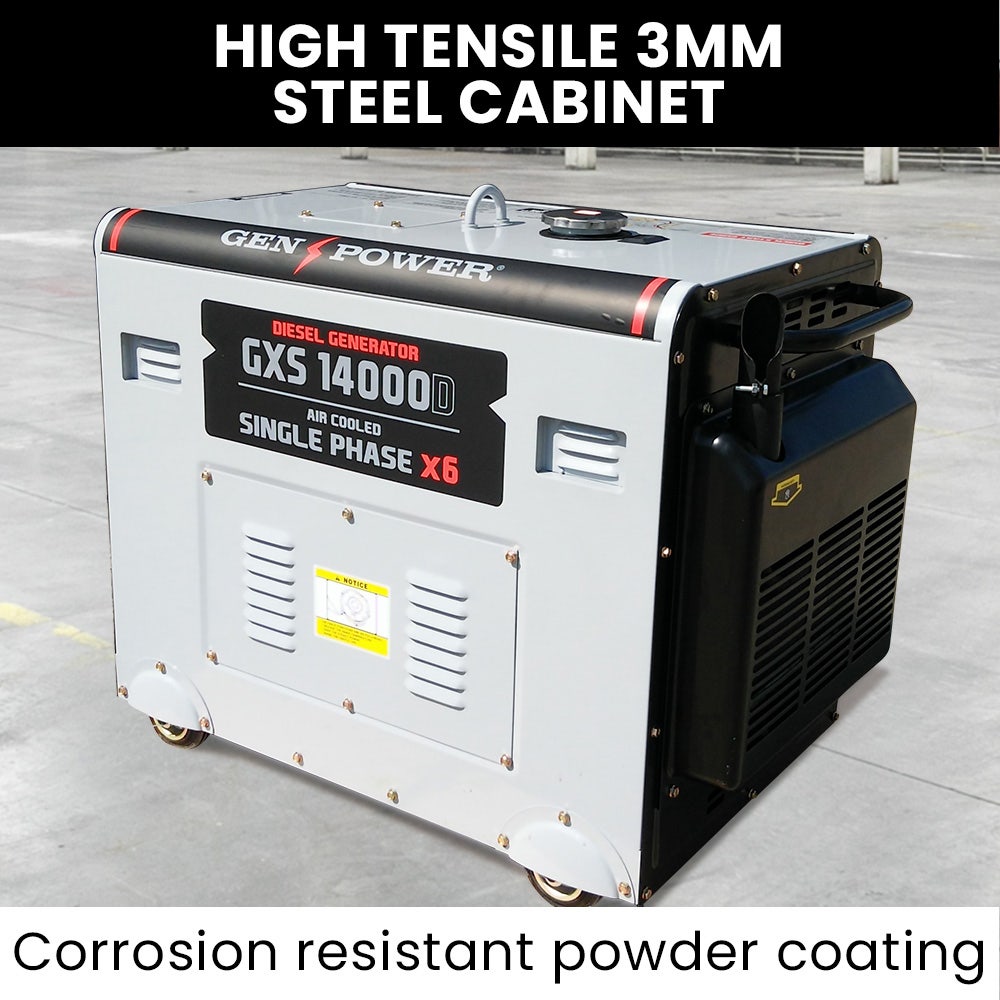 Generators: GENPOWER 8.4kW Peak 6kW Rated Commercial Diesel Generator, Electric Key Start, 6 x 15A, Single Phase
