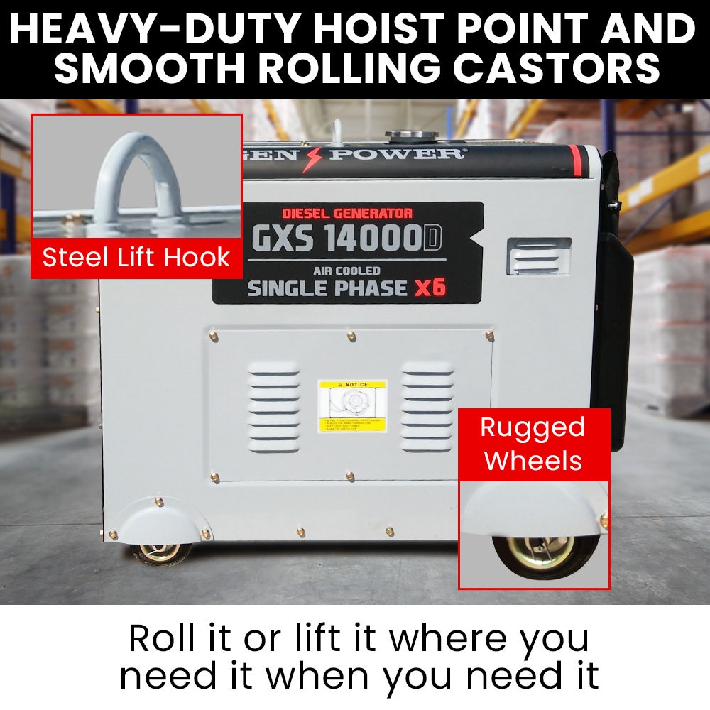 Generators: GENPOWER 8.4kW Peak 6kW Rated Commercial Diesel Generator, Electric Key Start, 6 x 15A, Single Phase