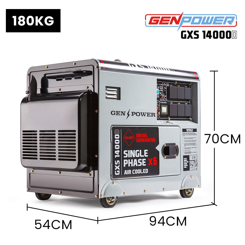 Generators: GENPOWER 8.4kW Peak 6kW Rated Commercial Diesel Generator, Electric Key Start, 6 x 15A, Single Phase