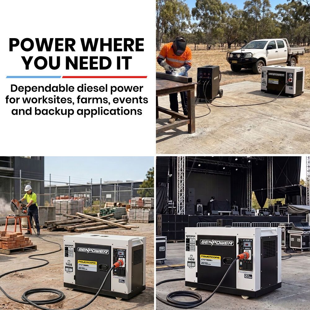 GENPOWER 7kW Peak 5kW Rated Commercial Diesel Generator, Three Phase 415V, Electric Start, Sound-Insulated, RCD Safety Switch, Worksite & Backup Power