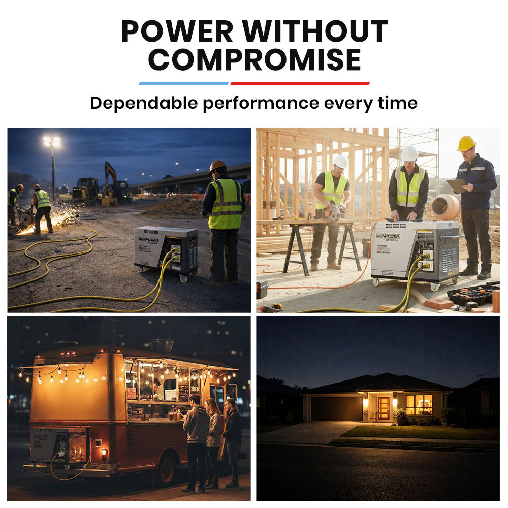 GENPOWER 6.5kW Peak 5kW Rated Diesel Inverter Commercial Generator, Electric Key Start, 2 x 15A, RCD Safety Switch, Wheels, Worksite, Home Backup