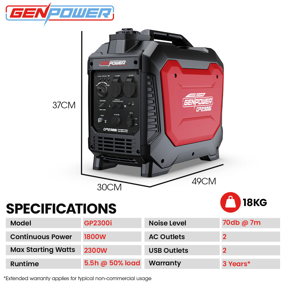 Batteries & Generators: GENPOWER 2.3kW Peak 1.8kW Inverter Generator, 2x15A, 12V, USB, Portable, Petrol, Camping, Home Backup