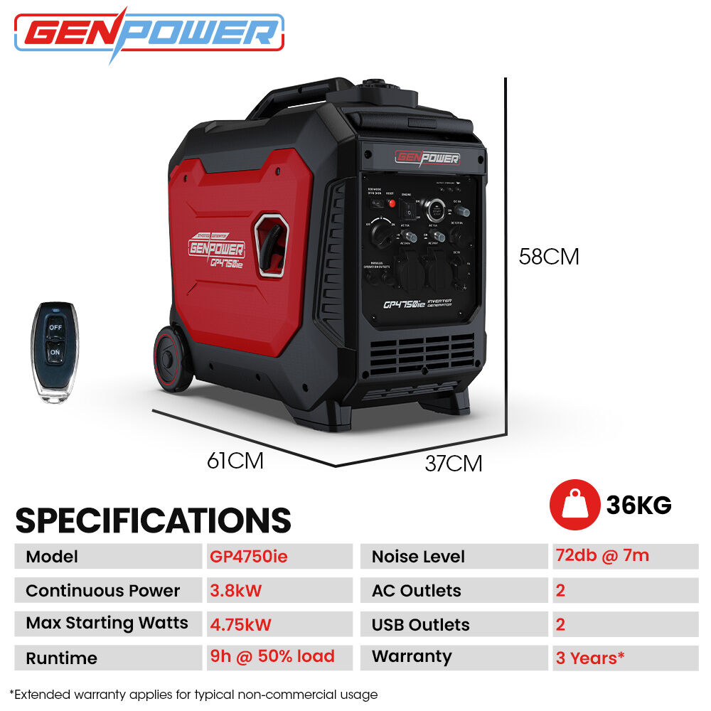 Batteries & Generators: GENPOWER 4.7kW Peak 3.8kW Inverter Generator, Push Button & Remote Start, Portable w/ Wheels, Camping, Backup, Mobile A/C