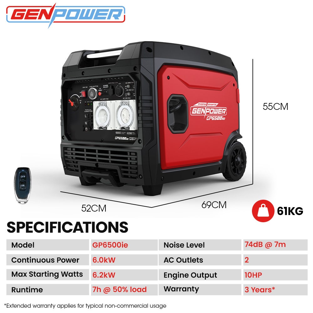 Batteries & Generators: GENPOWER 6.2kW Peak 6.0kW Inverter Generator, Push Button & Remote Start, 15L Tank, Portable w/ Wheels, Camping, Backup