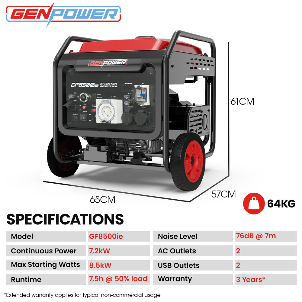 Batteries & Generators: GENPOWER 8.5kW Peak 7.2kw Open Frame Inverter Generator, Push-Button Start, 2x15A, 1x32A, 20L Tank, Wheels, RCD, Portable, Backup