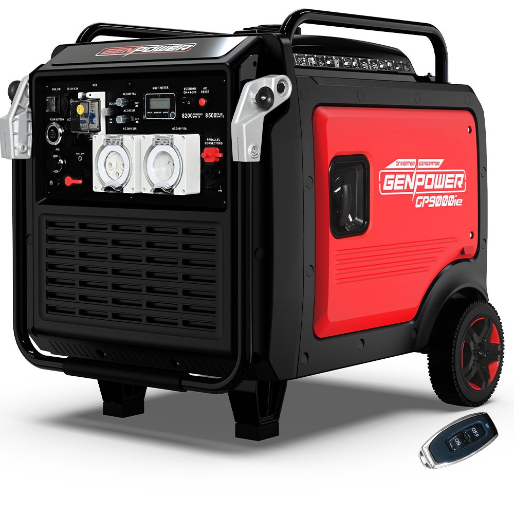 Batteries & Generators: GENPOWER 8.5kW Peak 8.2kW Inverter Generator, Push Button & Remote Start, ATS Compatible, RCD, Portable w/ Wheels, 27L Fuel Tank, Grid Power Home Backup