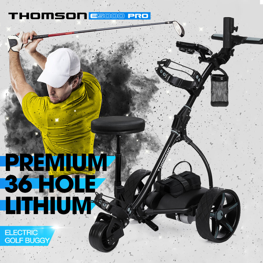 Golf Accessories: THOMSON E5000 Pro Lithium Golf Buggy, 36 Hole, Only 12kg, Easy Fold, Electric Motorised Buggy Trolley Cart w/ Seat, Black