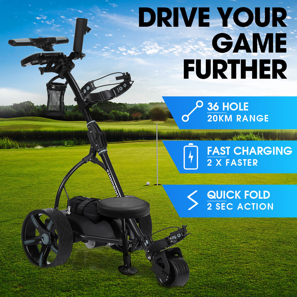 Golf Accessories: THOMSON E5000 Pro Lithium Golf Buggy, 36 Hole, Only 12kg, Easy Fold, Electric Motorised Buggy Trolley Cart w/ Seat, Black