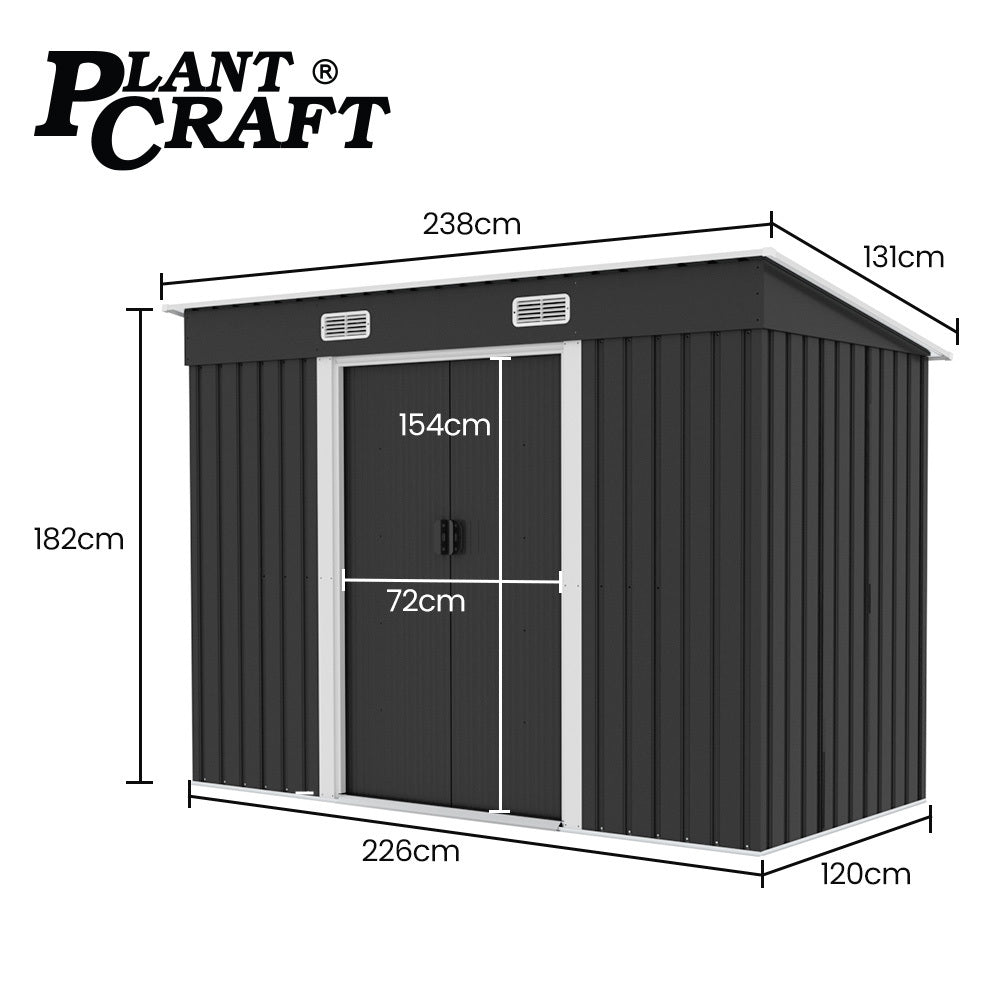 Sheds: PlantCraft Galvanised Steel Garden Shed 2.38 x 1.31 x 1.82m, with 2 Sliding Doors, 2 Air Vents, Skillion Roof, Floor Frame