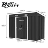 Sheds: PlantCraft Galvanised Steel Garden Shed 2.38 x 1.31 x 1.82m, with 2 Sliding Doors, 2 Air Vents, Skillion Roof, Floor Frame