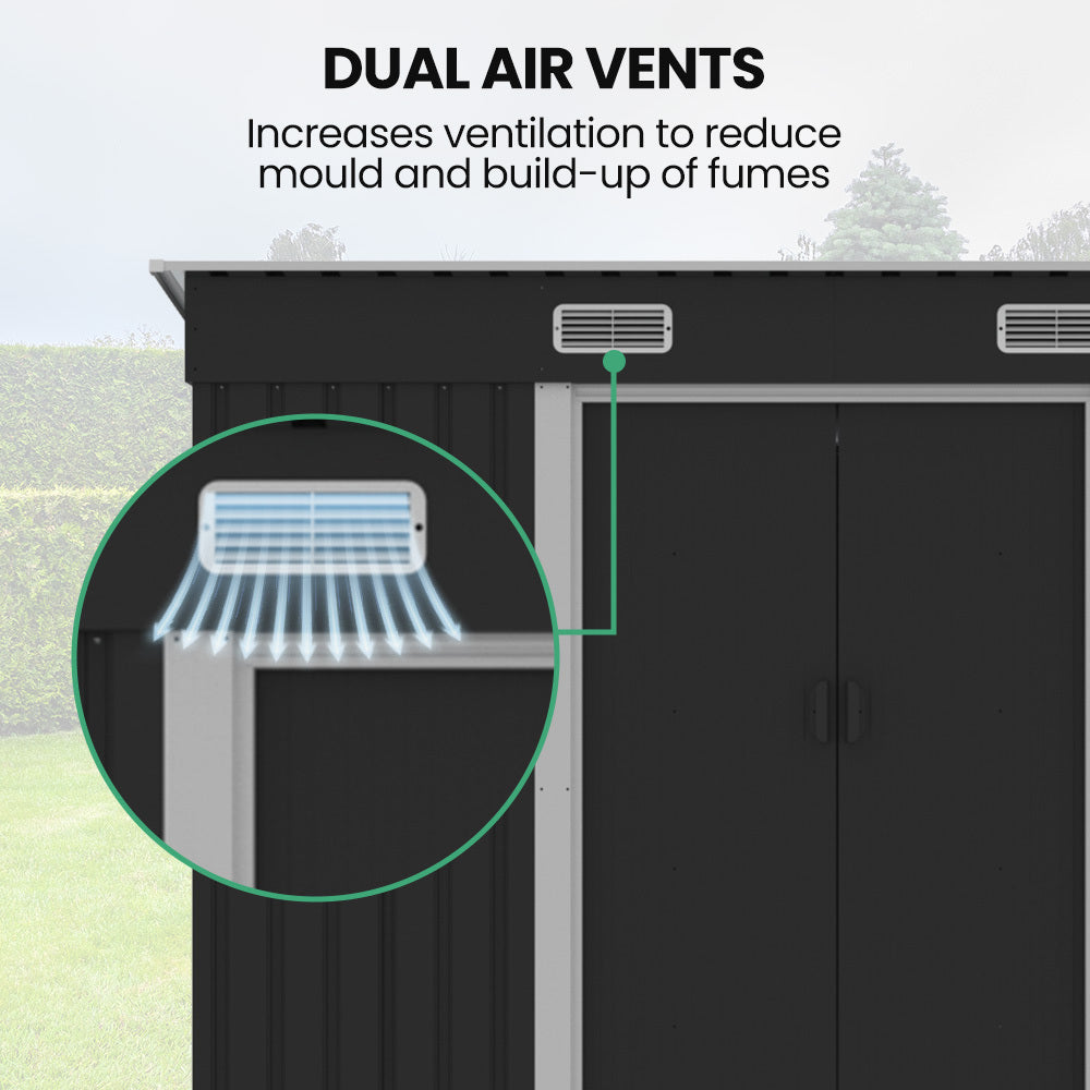 Sheds: PlantCraft Galvanised Steel Garden Shed 2.38 x 1.31 x 1.82m, with 2 Sliding Doors, 2 Air Vents, Skillion Roof, Floor Frame