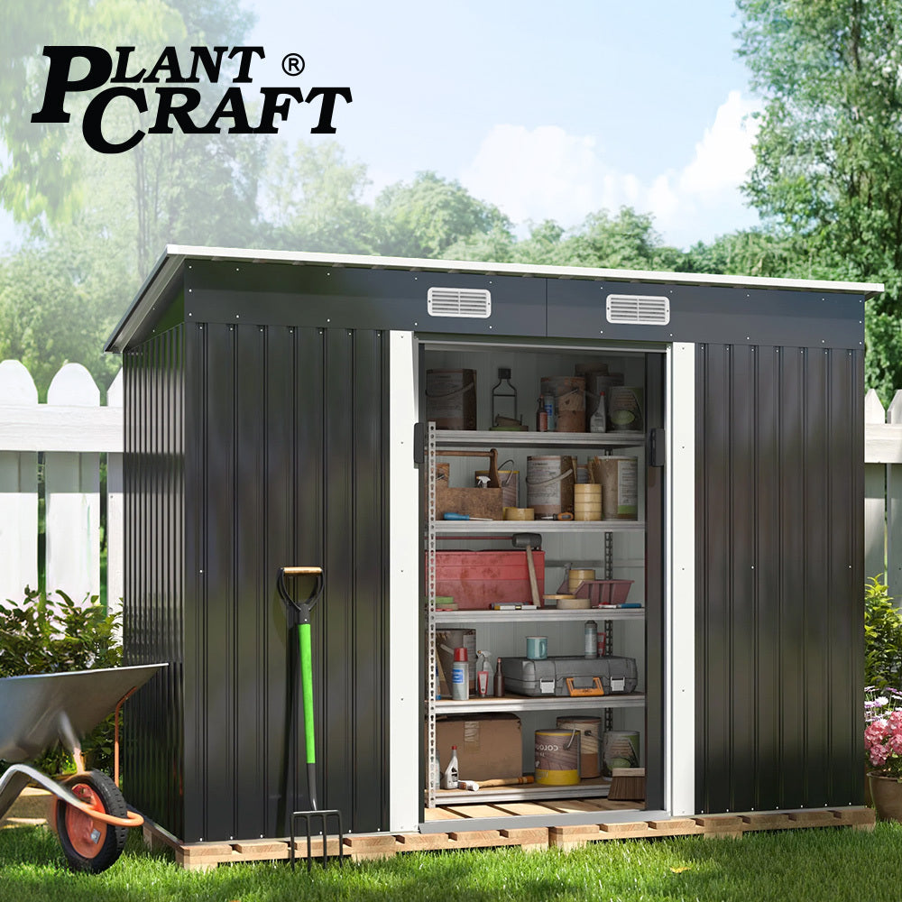 Sheds: PlantCraft Galvanised Steel Garden Shed 2.38 x 1.31 x 1.82m, with 2 Sliding Doors, 2 Air Vents, Skillion Roof, Floor Frame