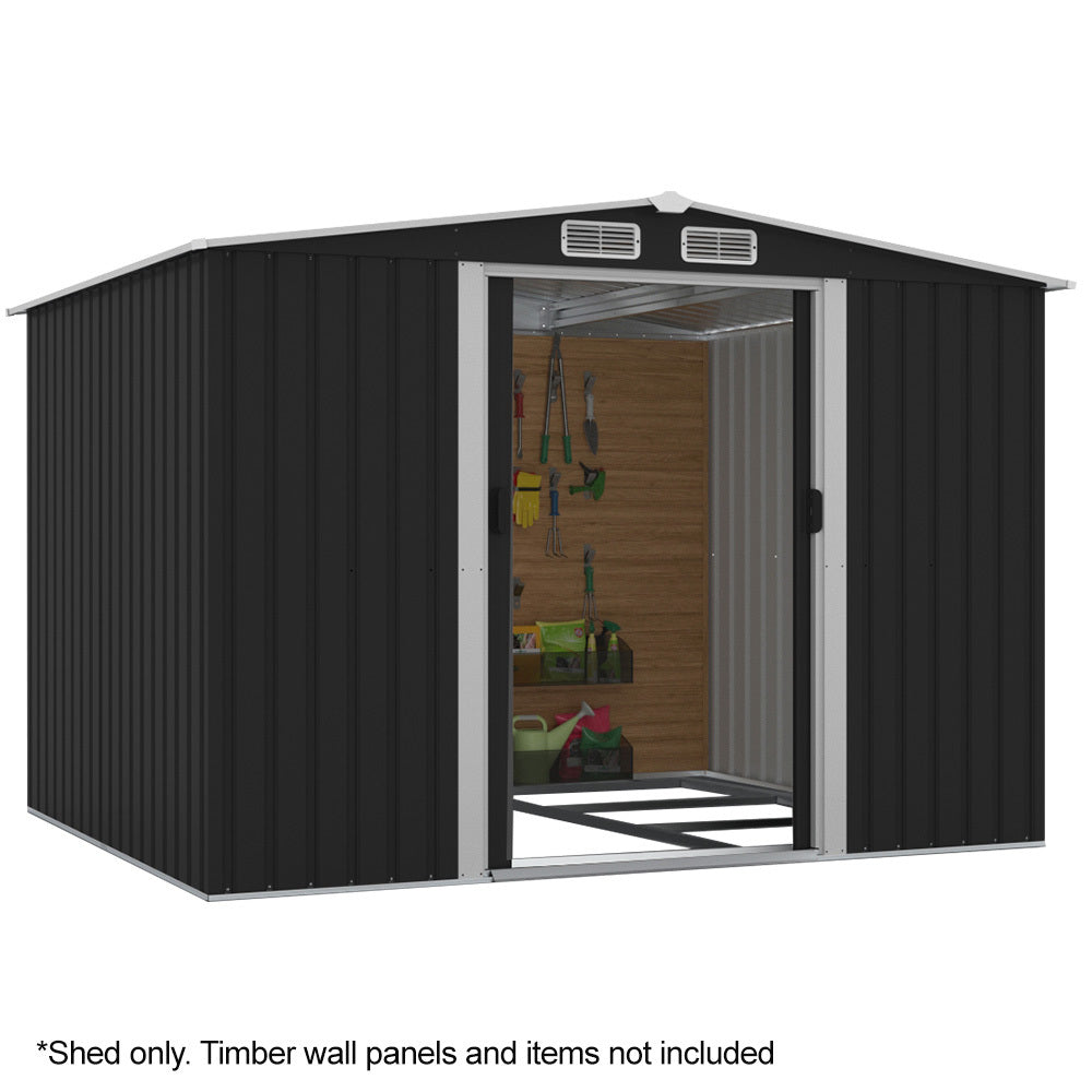 Sheds: PLANTCRAFT Galvanised Steel Garden Shed 2.58 x 2.07 x 2.02m, with 2 Sliding Doors, 4 Air Vents, Gable Roof, Floor Frame, Black