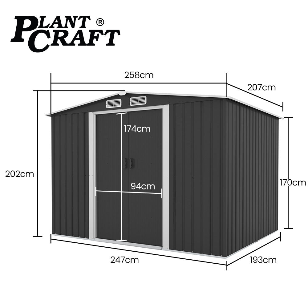 Sheds: PLANTCRAFT Galvanised Steel Garden Shed 2.58 x 2.07 x 2.02m, with 2 Sliding Doors, 4 Air Vents, Gable Roof, Floor Frame, Black
