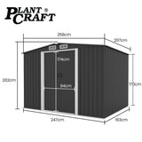 Sheds: PLANTCRAFT Galvanised Steel Garden Shed 2.58 x 2.07 x 2.02m, with 2 Sliding Doors, 4 Air Vents, Gable Roof, Floor Frame, Black