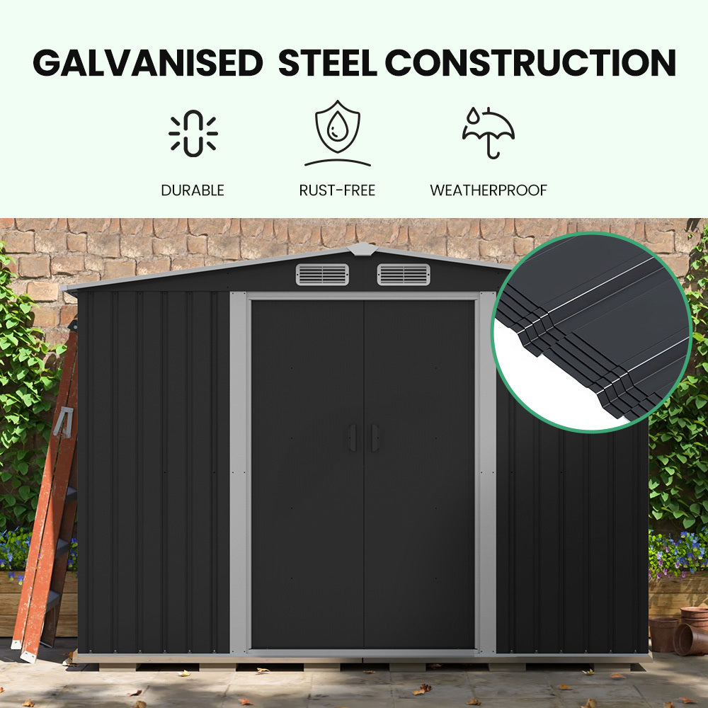Sheds: PLANTCRAFT Galvanised Steel Garden Shed 2.58 x 2.07 x 2.02m, with 2 Sliding Doors, 4 Air Vents, Gable Roof, Floor Frame, Black